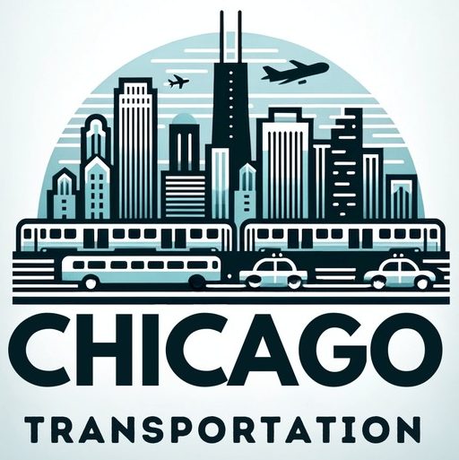 Photo of a modern logo featuring the Chicago skyline with silhouettes of trains, buses, and taxis below it, with the words 'Chicago Transportation' in a sleek font beneath the design